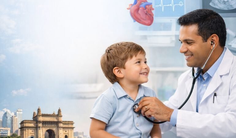 Pediatric cardiologist examining a smiling young child in a bright hospital room with echocardiogram and heart monitor, parents watching supportively