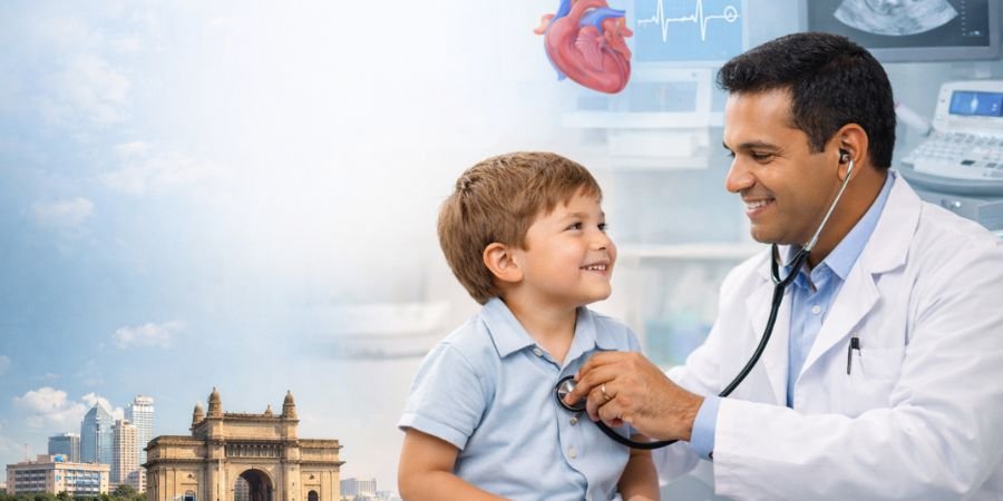 Pediatric cardiologist examining a smiling young child in a bright hospital room with echocardiogram and heart monitor, parents watching supportively